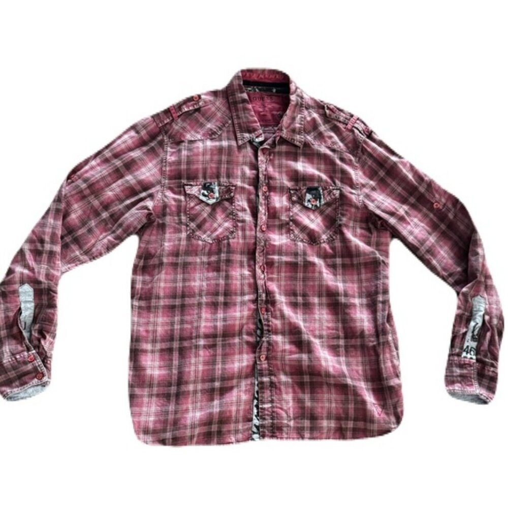 Guess X-Large Red Plaid Pattern Casual Button Front Shirt